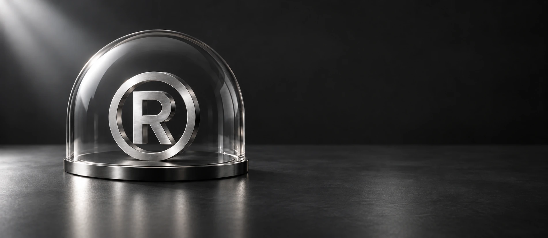 Silver trademark symbol protected by a clear glass dome